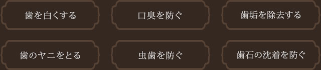 歯を白くする、口臭を防ぐ、歯垢を除去する、歯のヤニをとる、虫歯を防ぐ、歯石の沈着を防ぐ